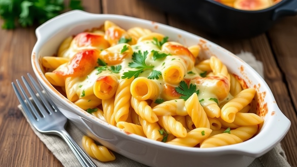 Decadent Four Cheese Penne Recipe Baked Four Cheese Penne with golden cheese topping and fresh parsley on a wooden table.